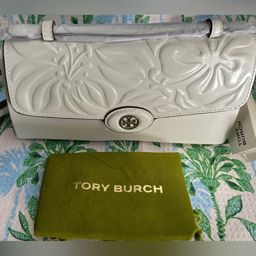 Tory Burch Robinson Embossed Floral Bag Blanc Leather New $340 - Picture 1 of 5